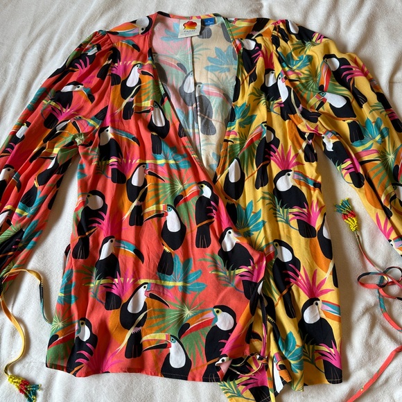 Discontinued FARM for Anthropologie Farm Rio Rainforest Wrap Blouse Toucans - Picture 12 of 12